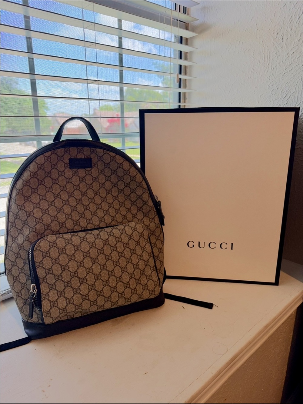 Gucci Brown Beige GG Supreme Canvas Backpack with Black Trim